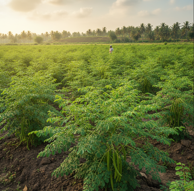Moringa plantation fields in India with pods growing