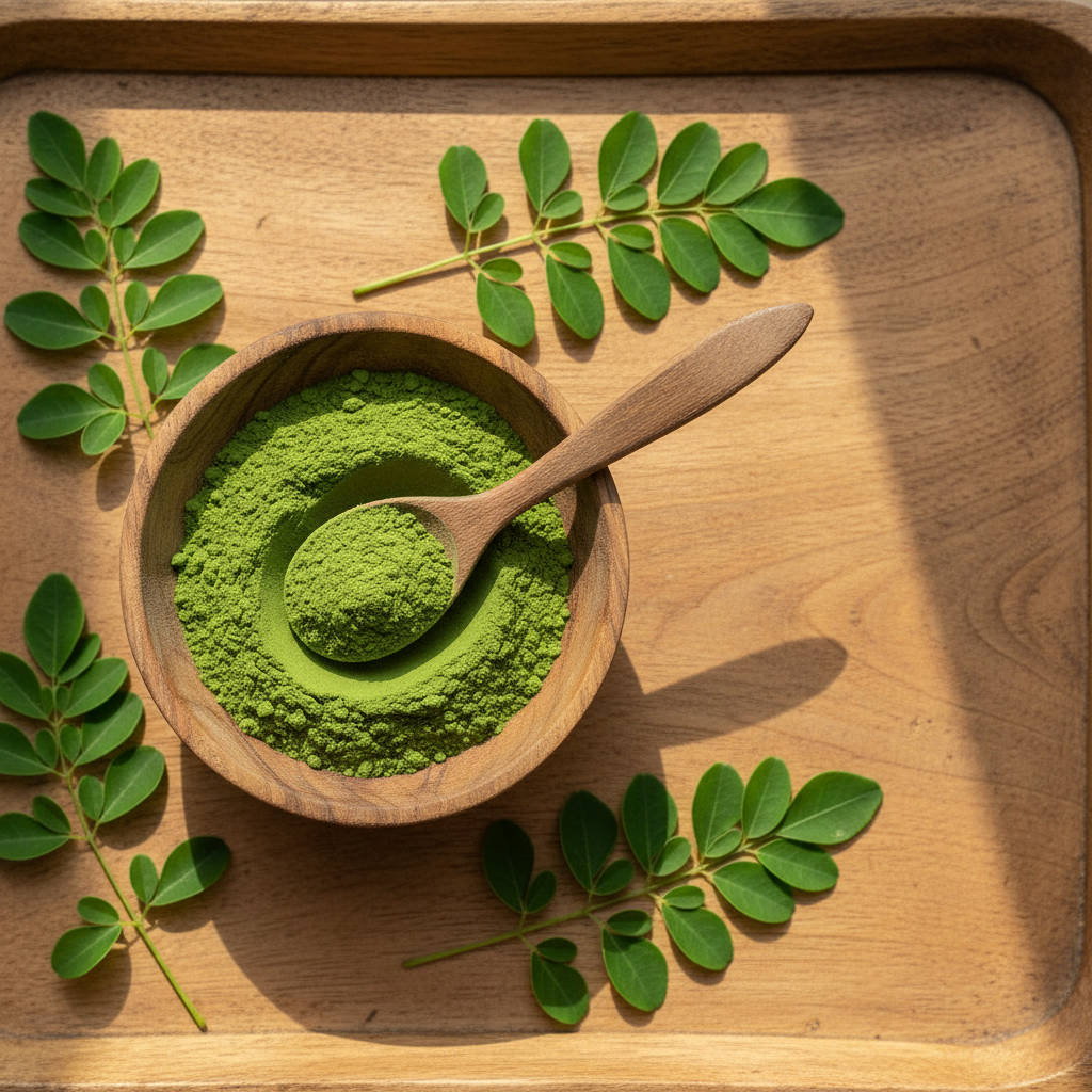 Moringa powder in wooden bowl with fresh leaves - top view