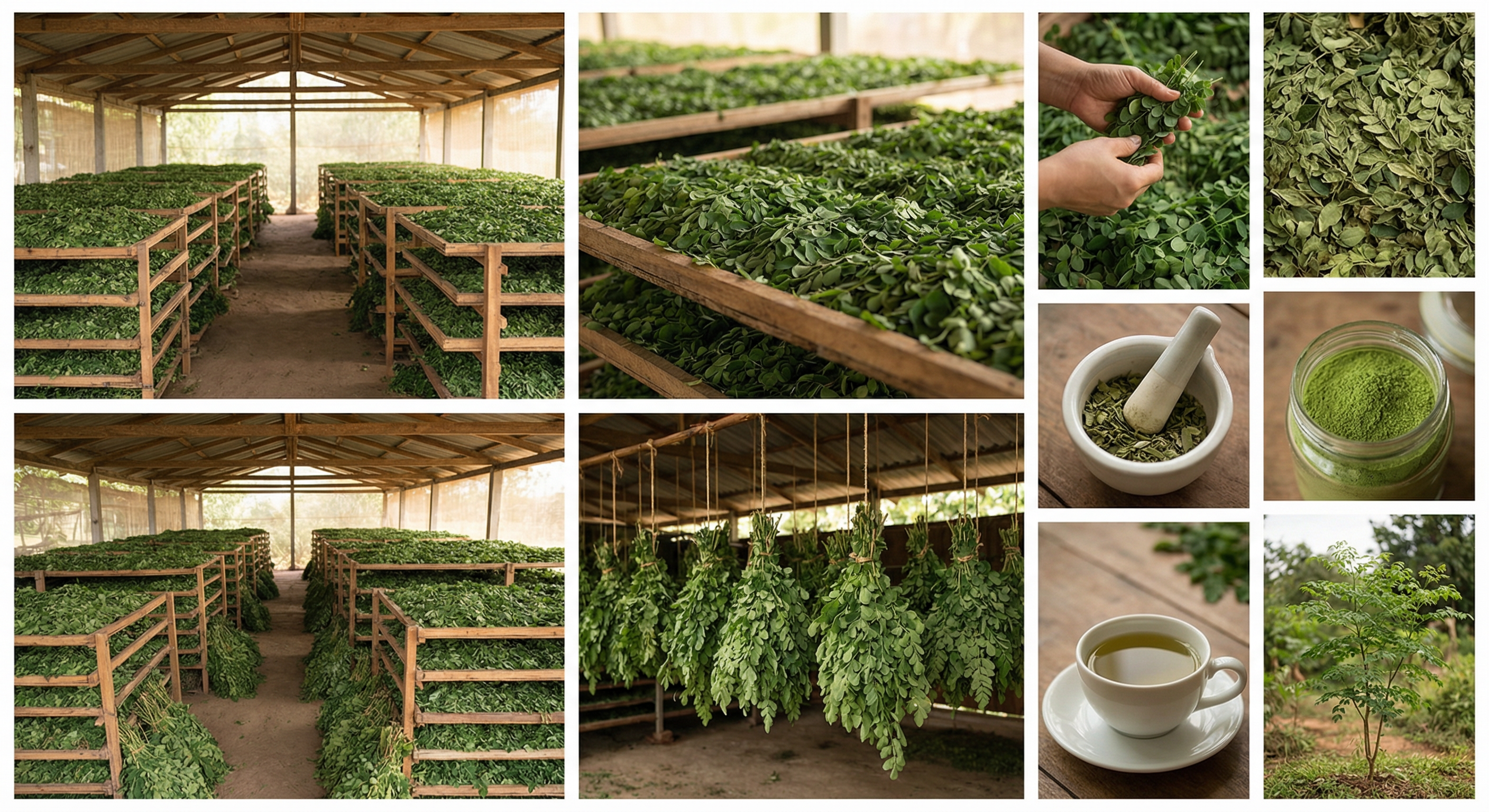 Moringa shade drying process showing leaves on wooden racks